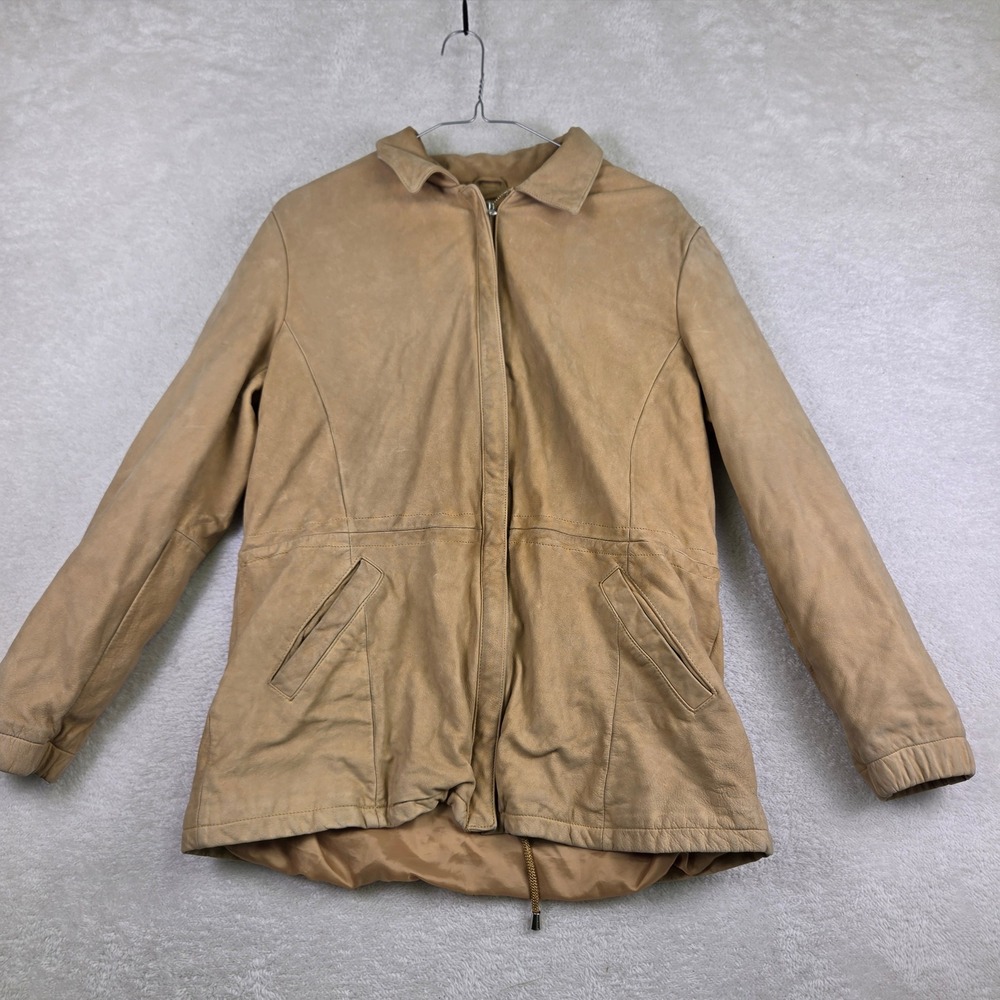 Wilsons Leather Tan Zip Up Jacket Womens Large Camel Brown Utility Coat